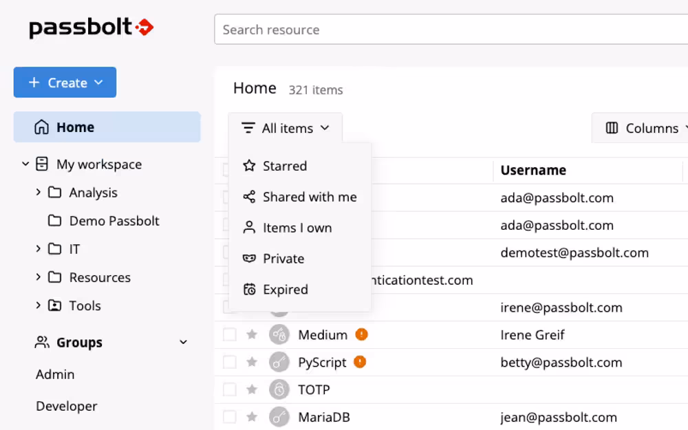 Screenshot of the passbolt password manager interface